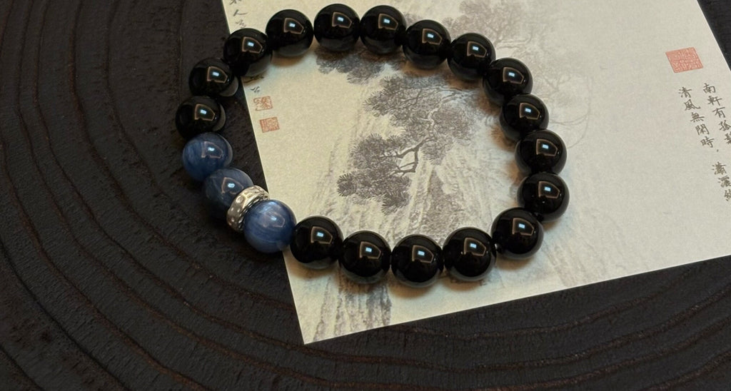 蓝溪｜原创设计新中式蓝晶石黑曜石925银串珠手串
