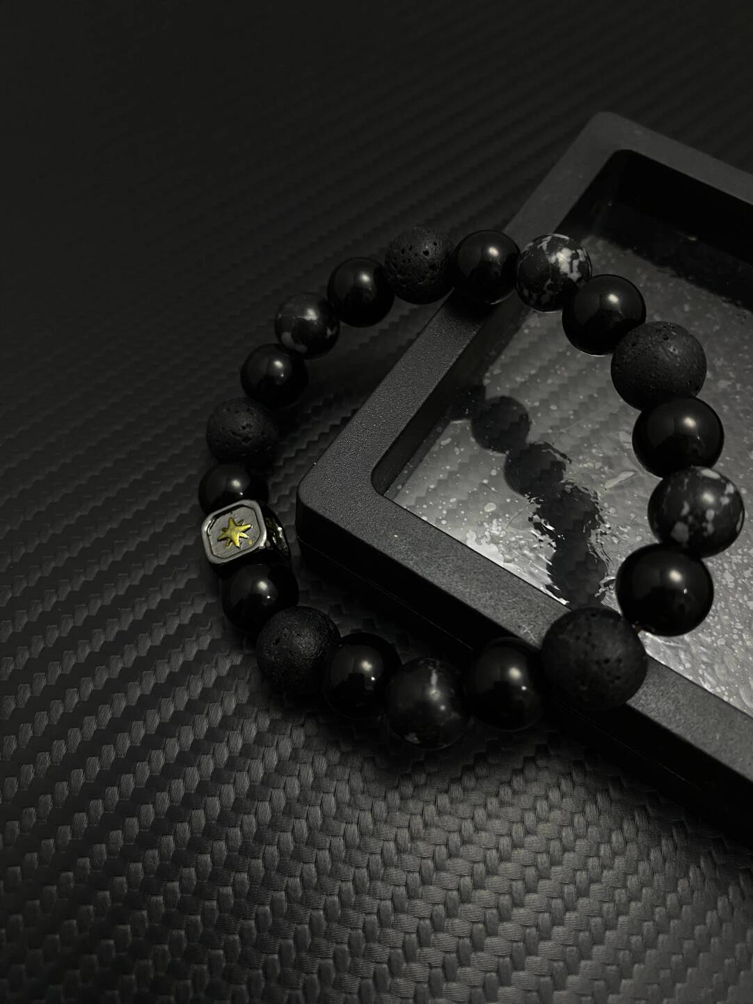 2025NEW新中式复古个性设计感小众火山石黑色情侣男女金芒星手链 · 黑色