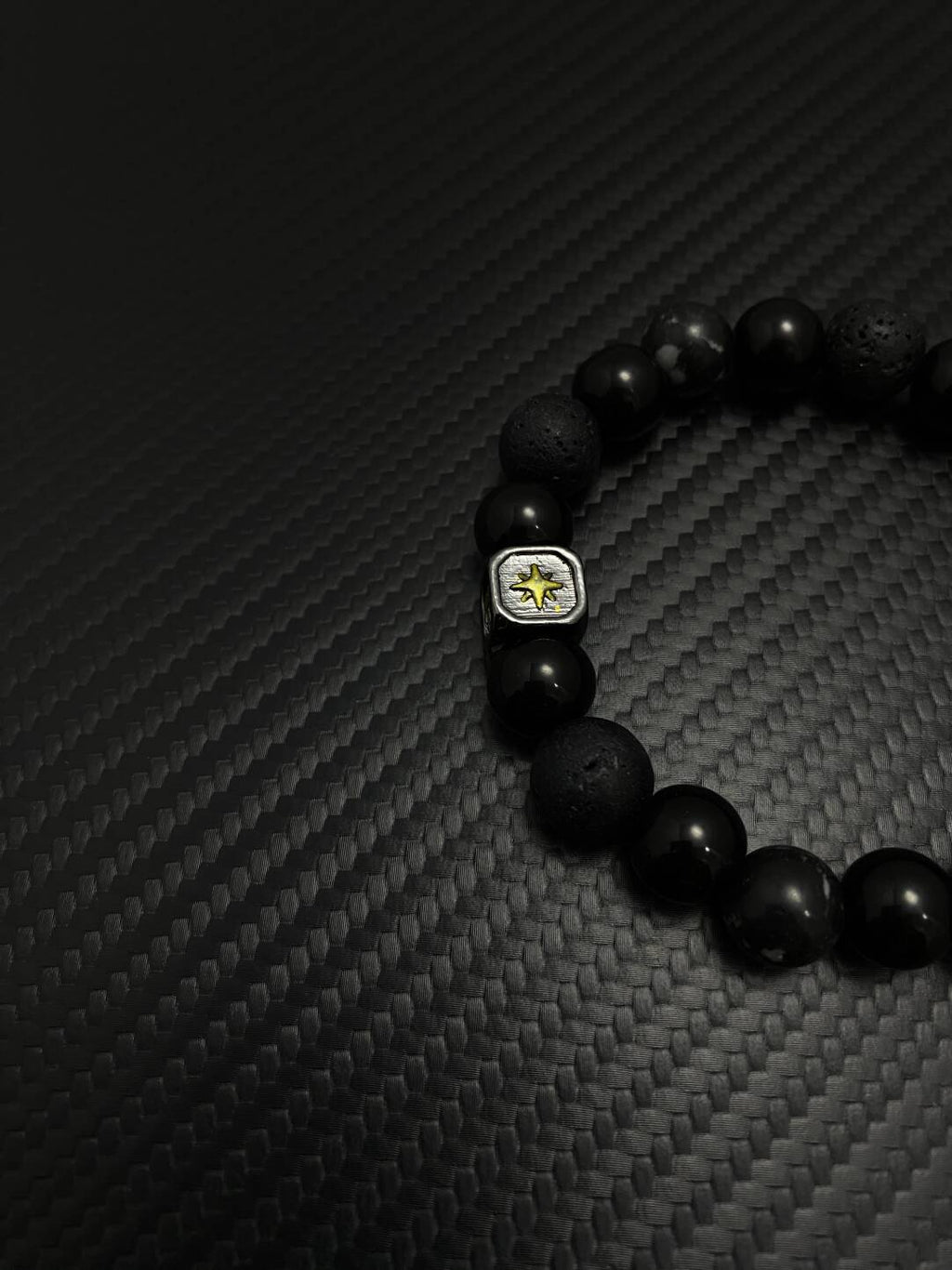 2025NEW新中式复古个性设计感小众火山石黑色情侣男女金芒星手链 · 黑色