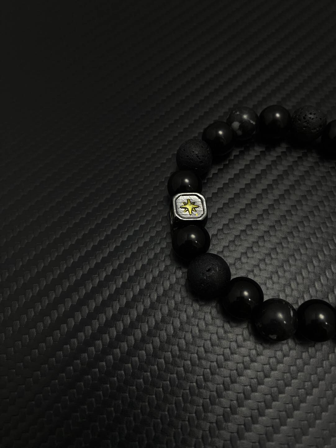 2025NEW新中式复古个性设计感小众火山石黑色情侣男女金芒星手链 · 黑色
