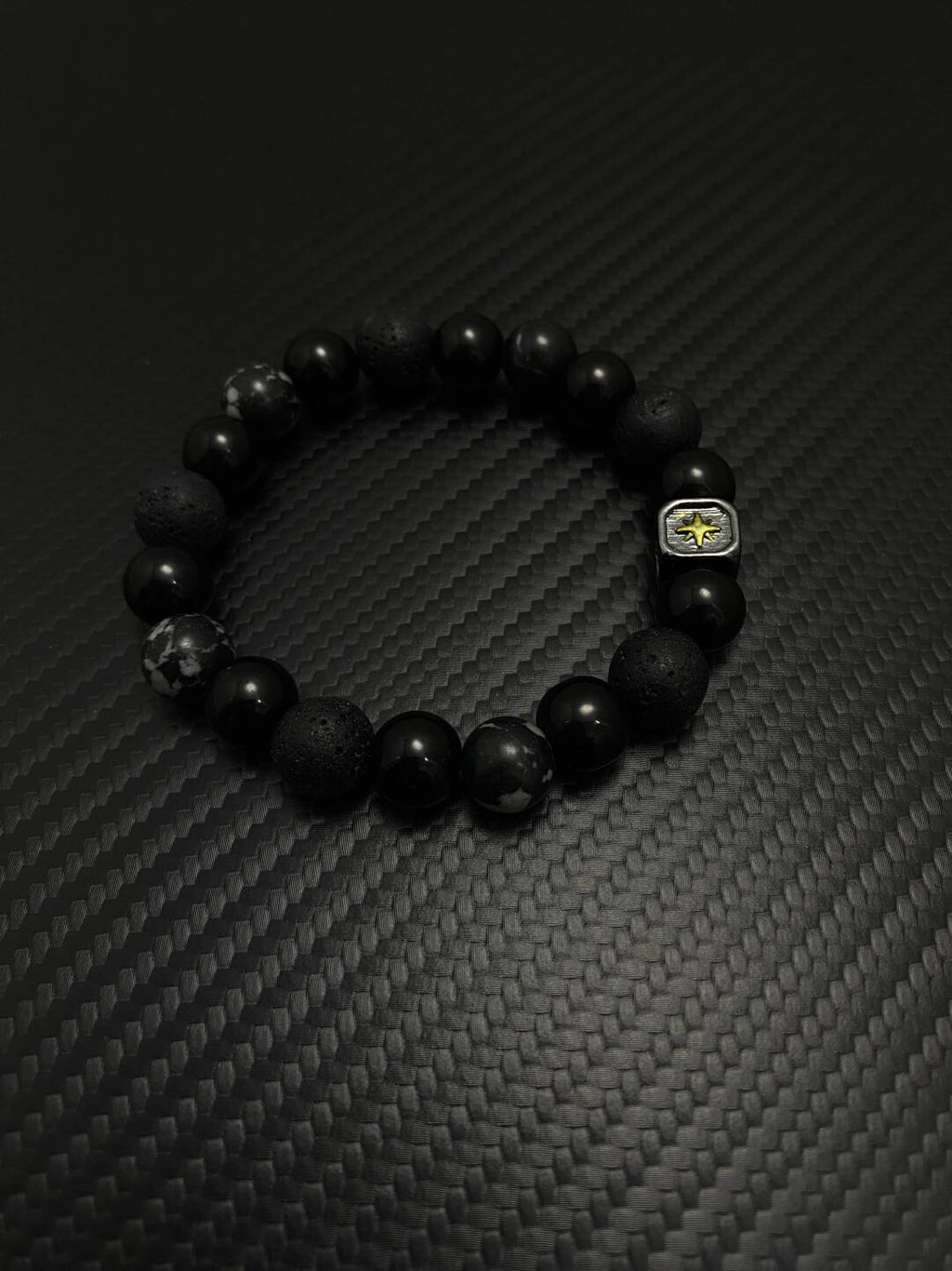 2025NEW新中式复古个性设计感小众火山石黑色情侣男女金芒星手链 · 黑色