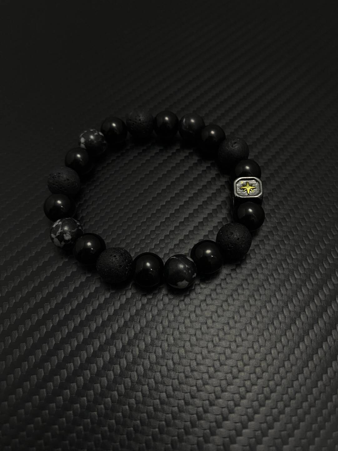 2025NEW新中式复古个性设计感小众火山石黑色情侣男女金芒星手链 · 黑色