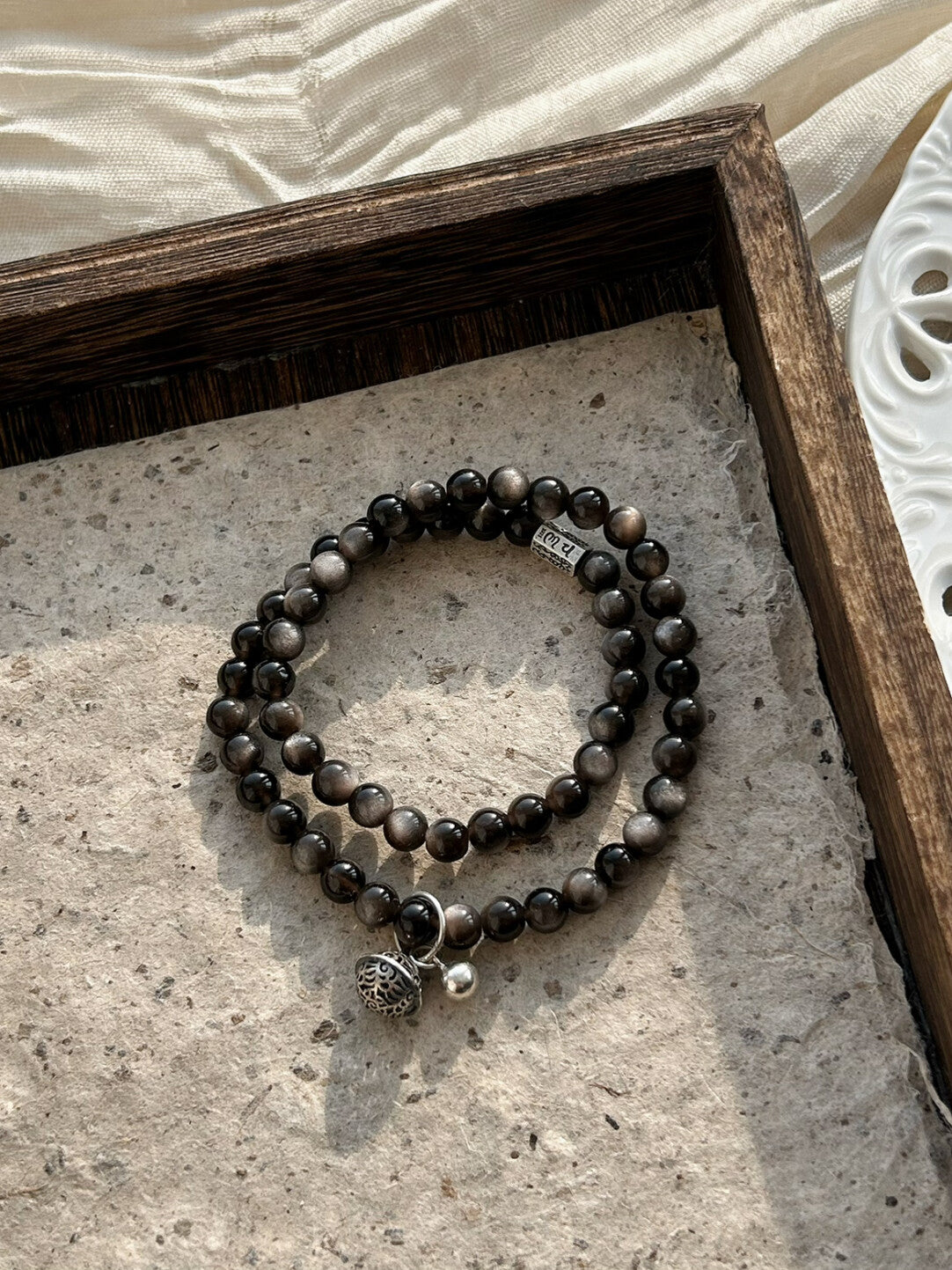 原创设计新中式文玩手串银曜石925银串珠手链