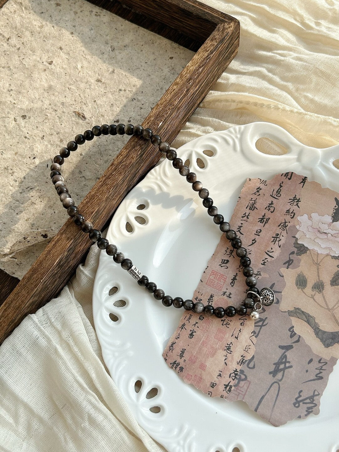 原创设计新中式文玩手串银曜石925银串珠手链