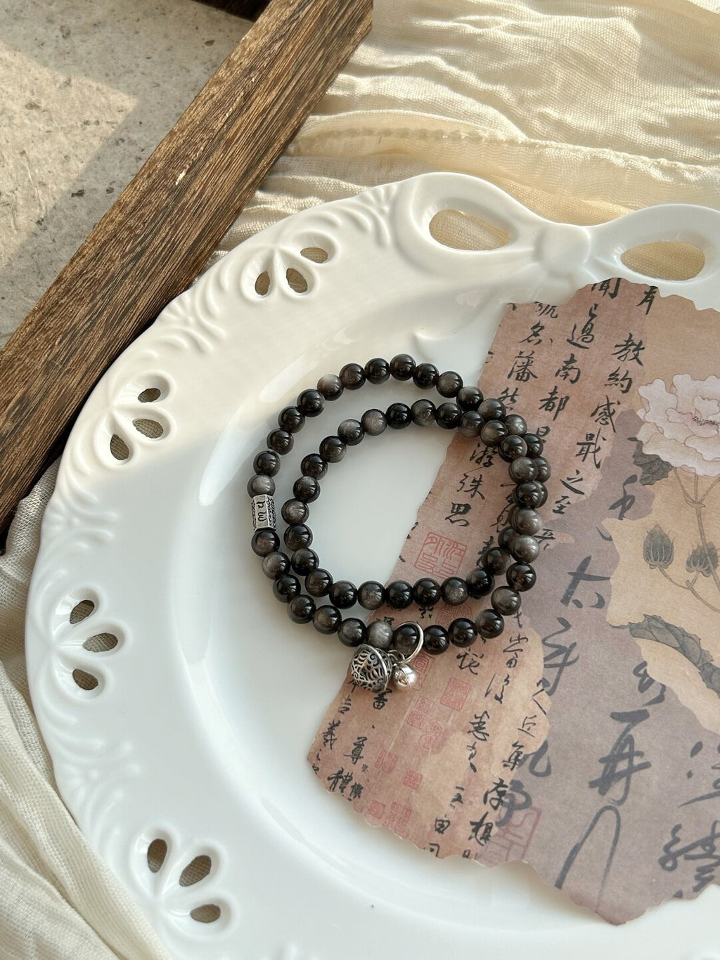 原创设计新中式文玩手串银曜石925银串珠手链