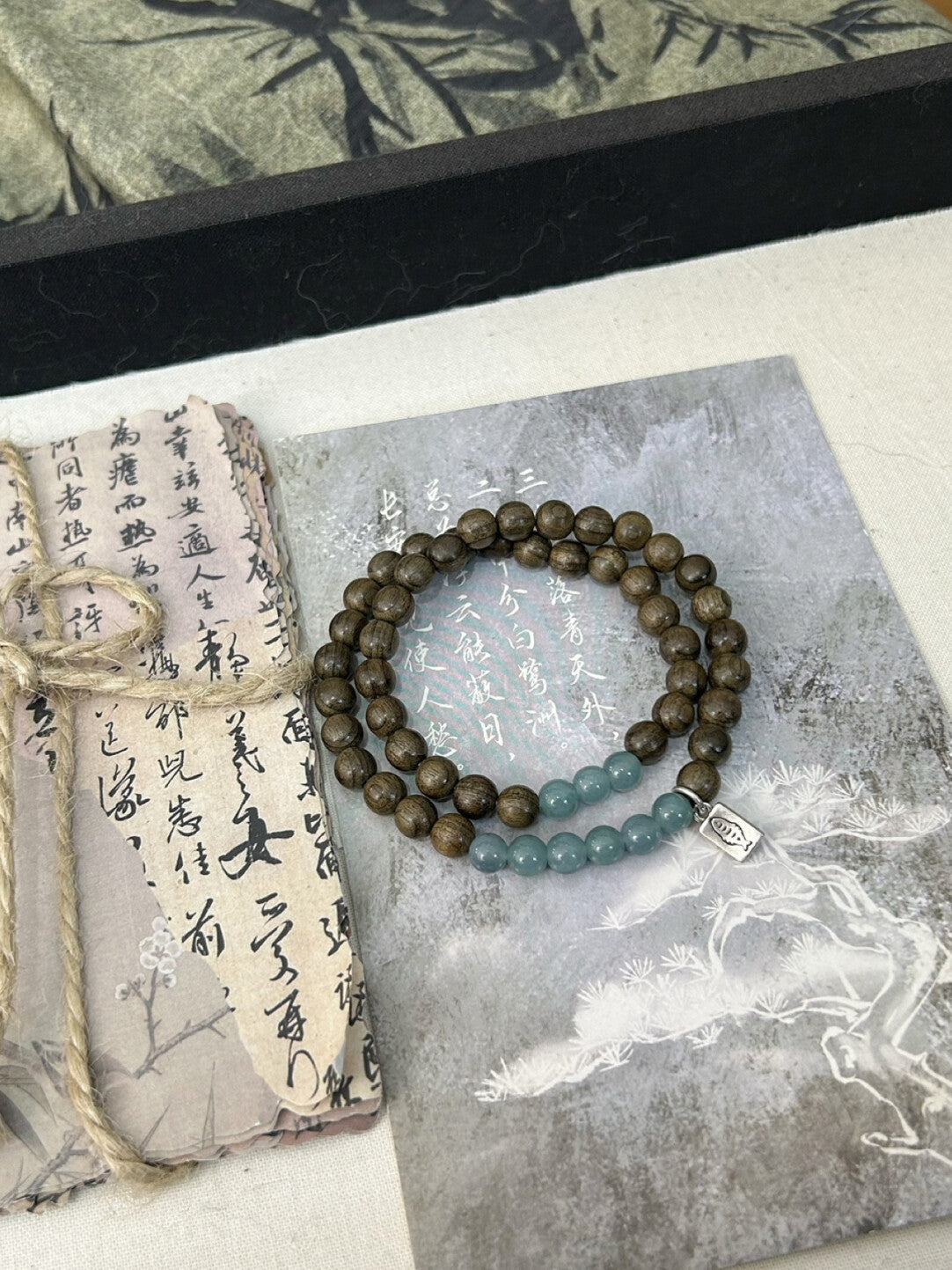上岸｜原创设计新中式阴沉木蓝水翡翠925银手串
