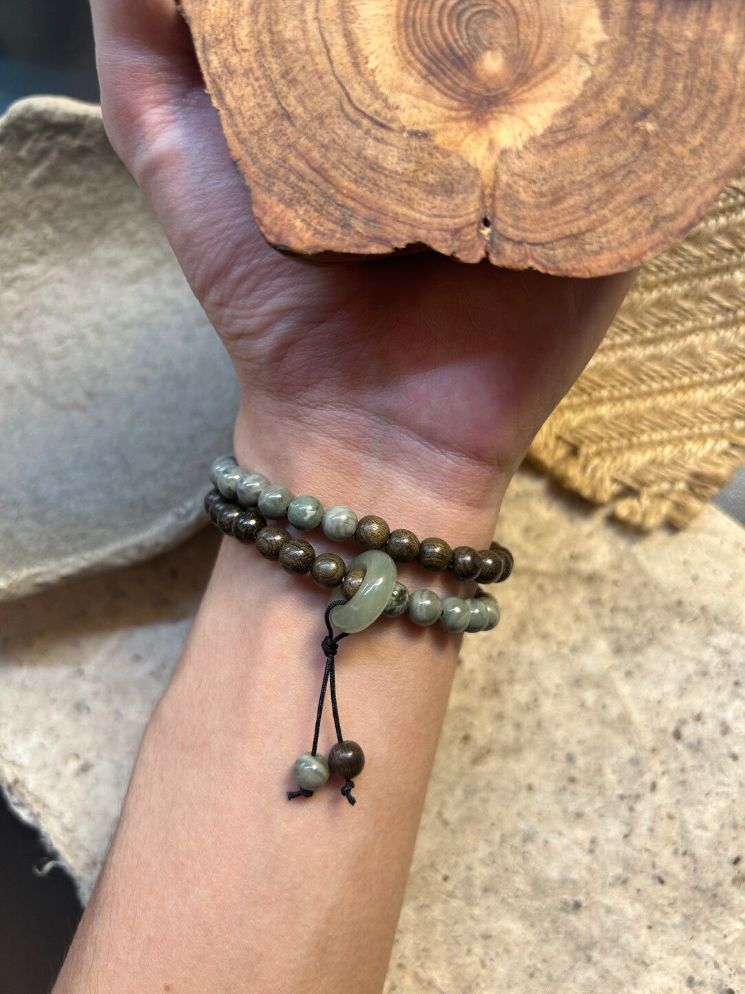 晓山青·原创新中式檀木地图石和田玉手串