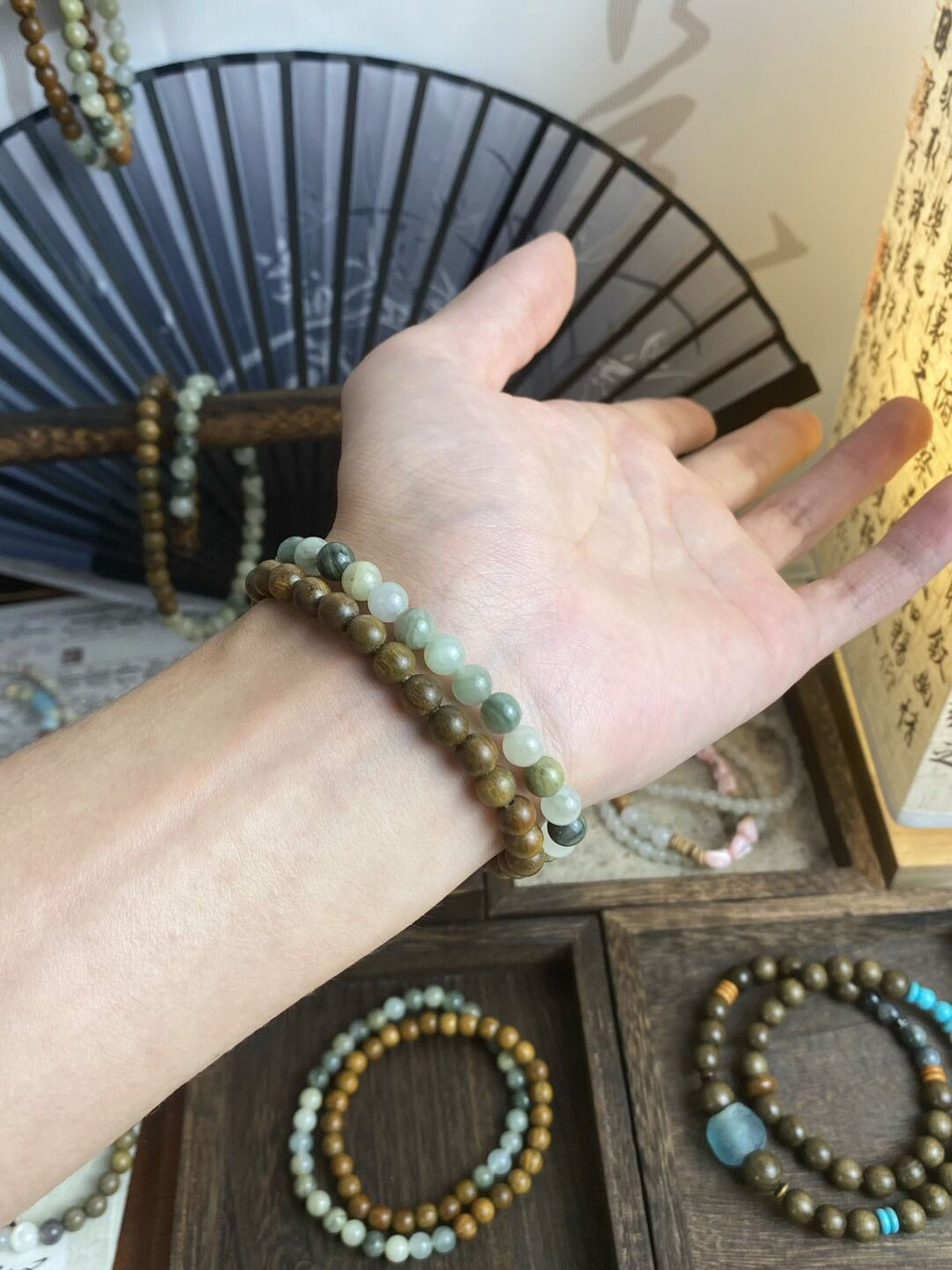 望青山·原创新中式双圈绿檀木天然石手串手作