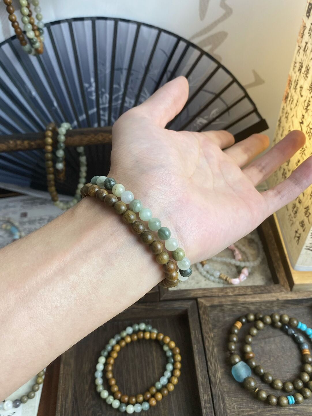 望青山·原创新中式双圈绿檀木天然石手串手作