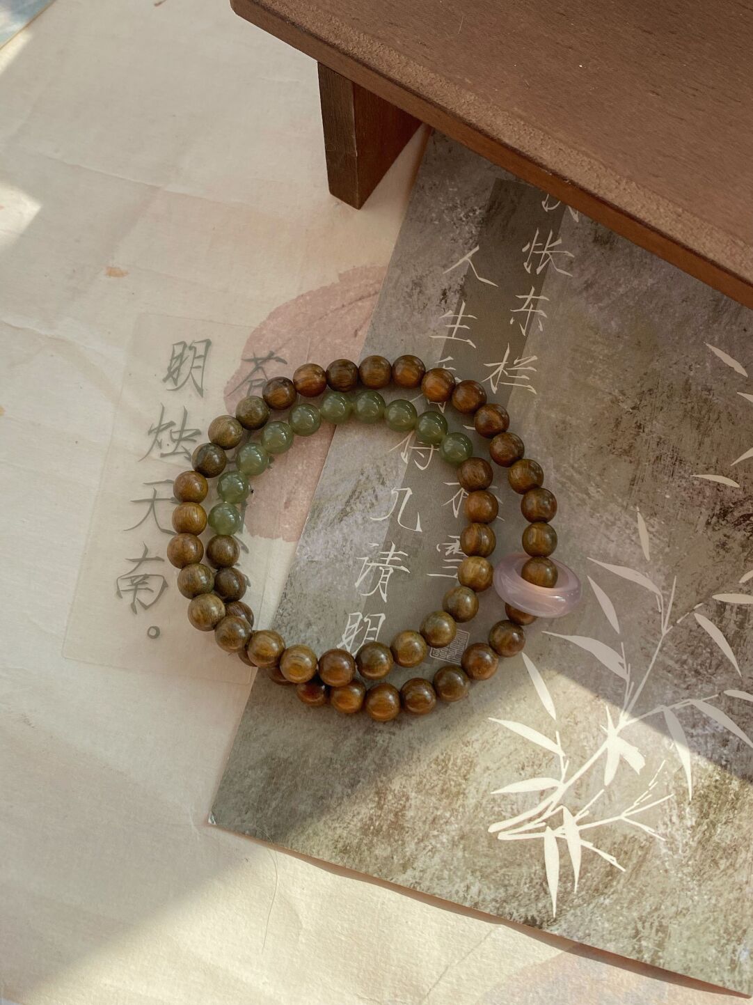 只此青绿·原创新中式绿檀木和田玉双圈定制手串手作