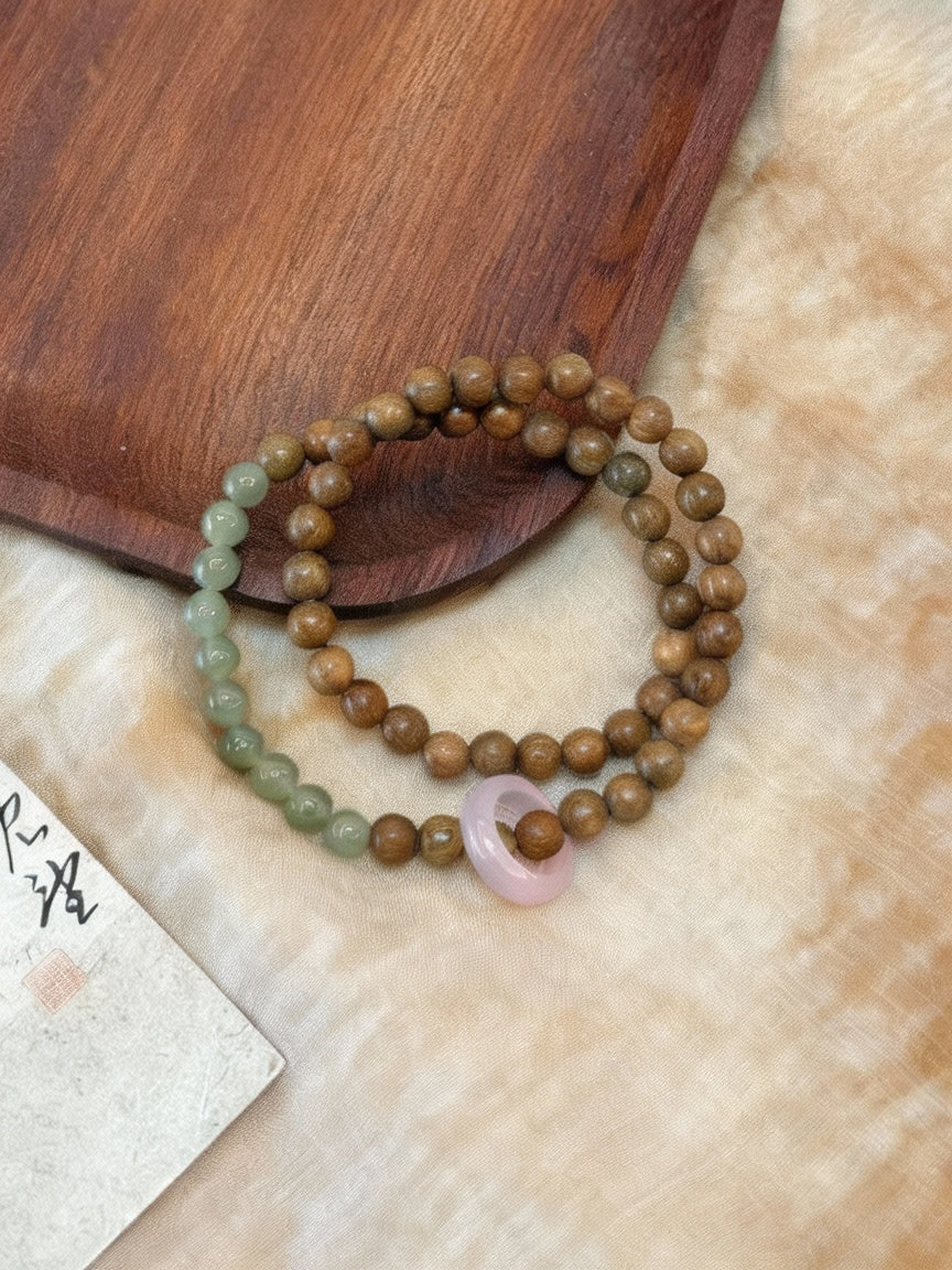 只此青绿·原创新中式绿檀木和田玉双圈定制手串手作