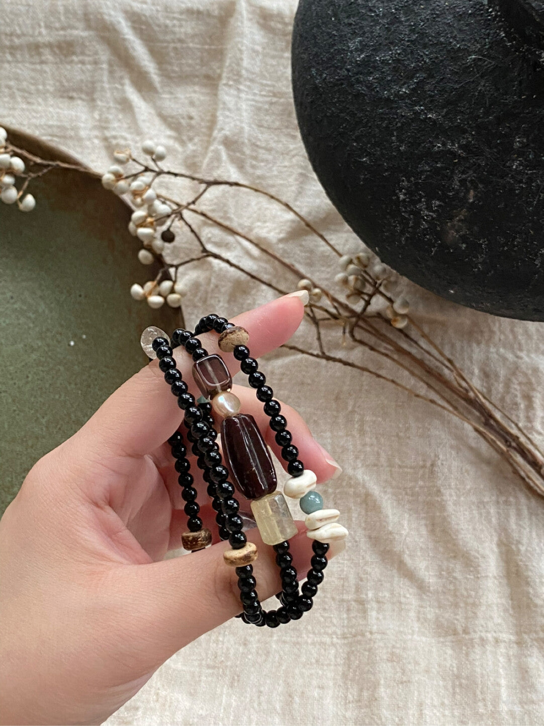 【沉酣一梦】原创黑玛瑙天然石多圈串珠手串