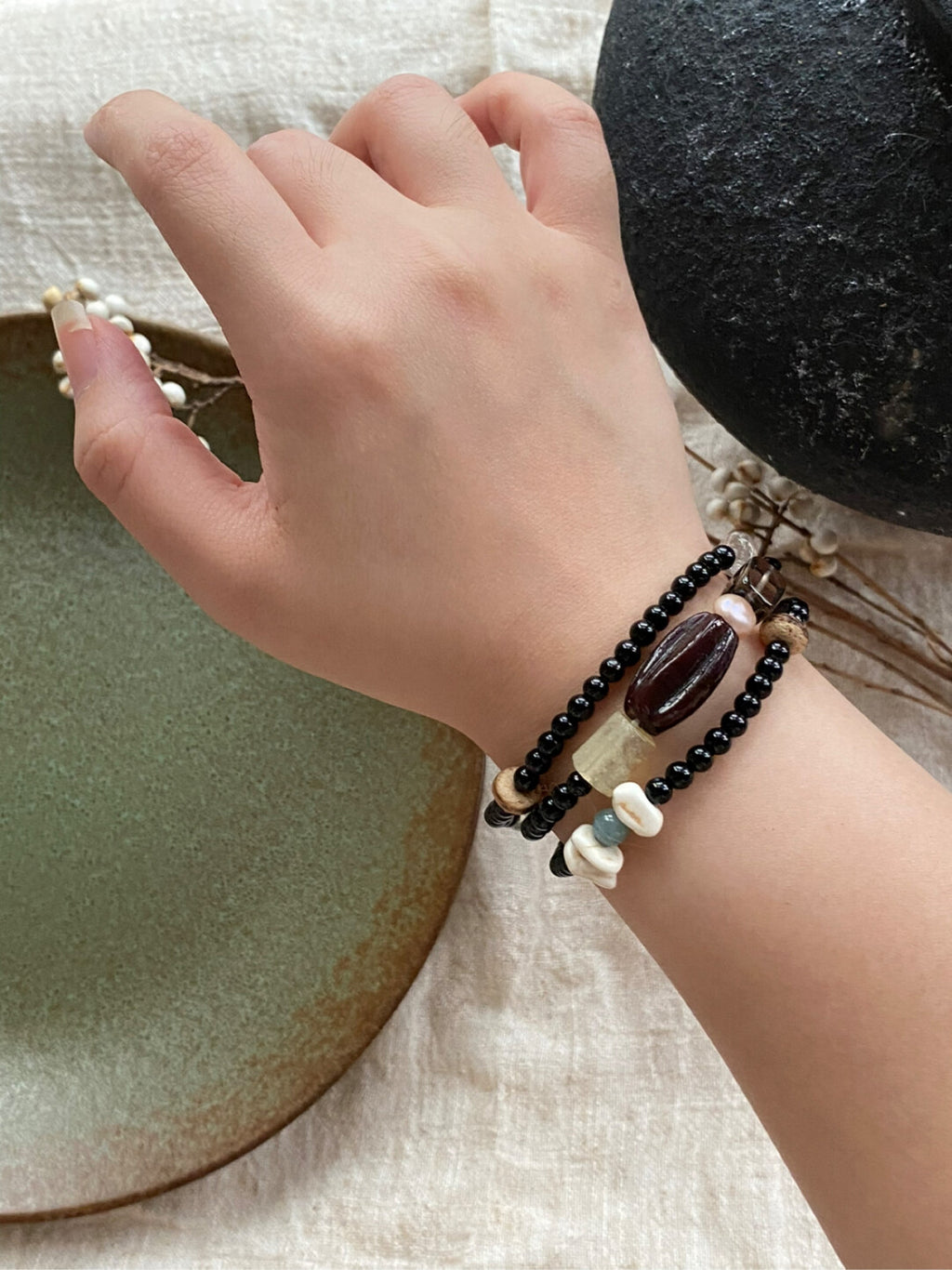 【沉酣一梦】原创黑玛瑙天然石多圈串珠手串
