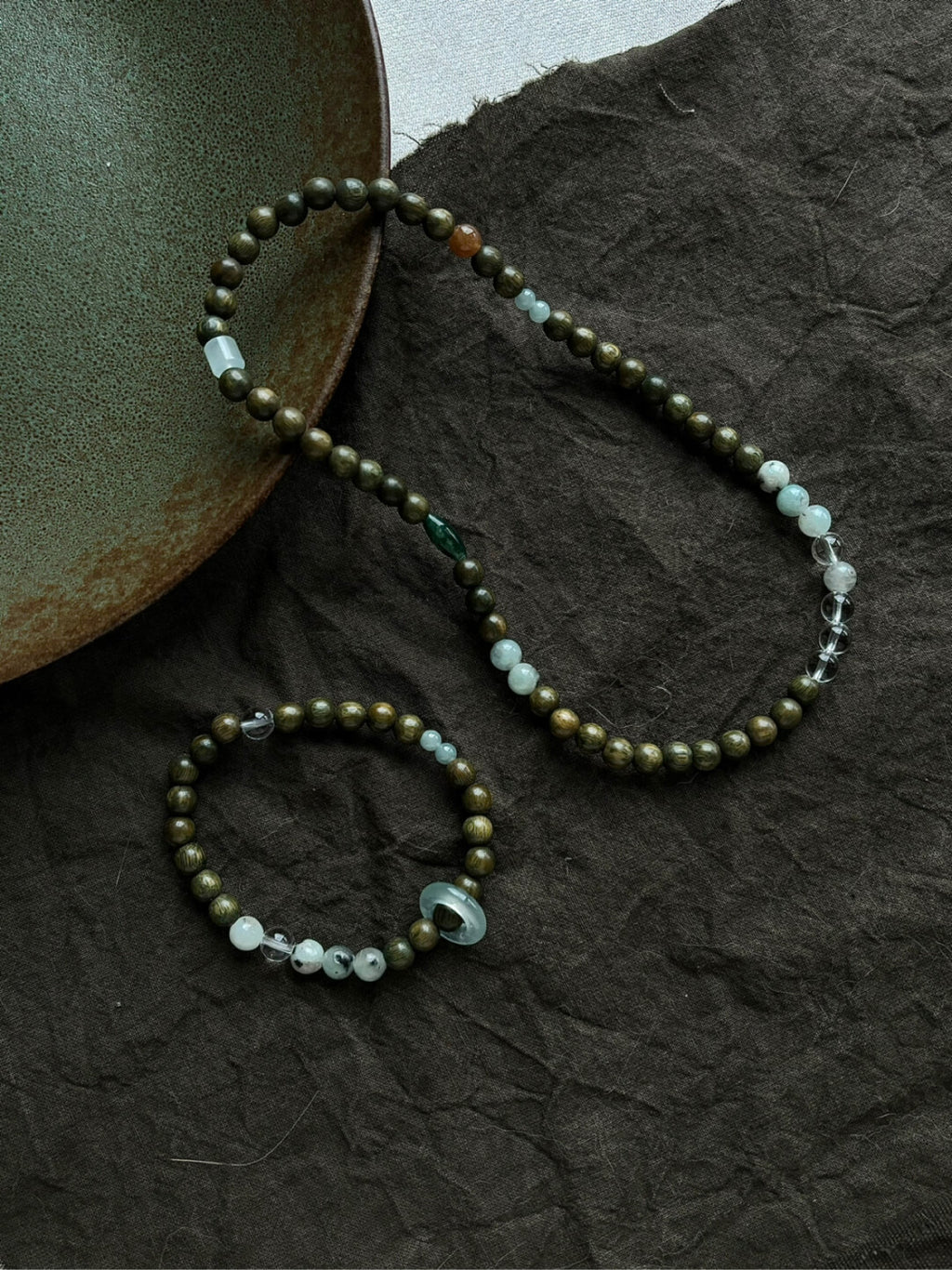 「江南雨」原创新中式绿檀蓝水翡翠天山兰玛瑙串珠手串