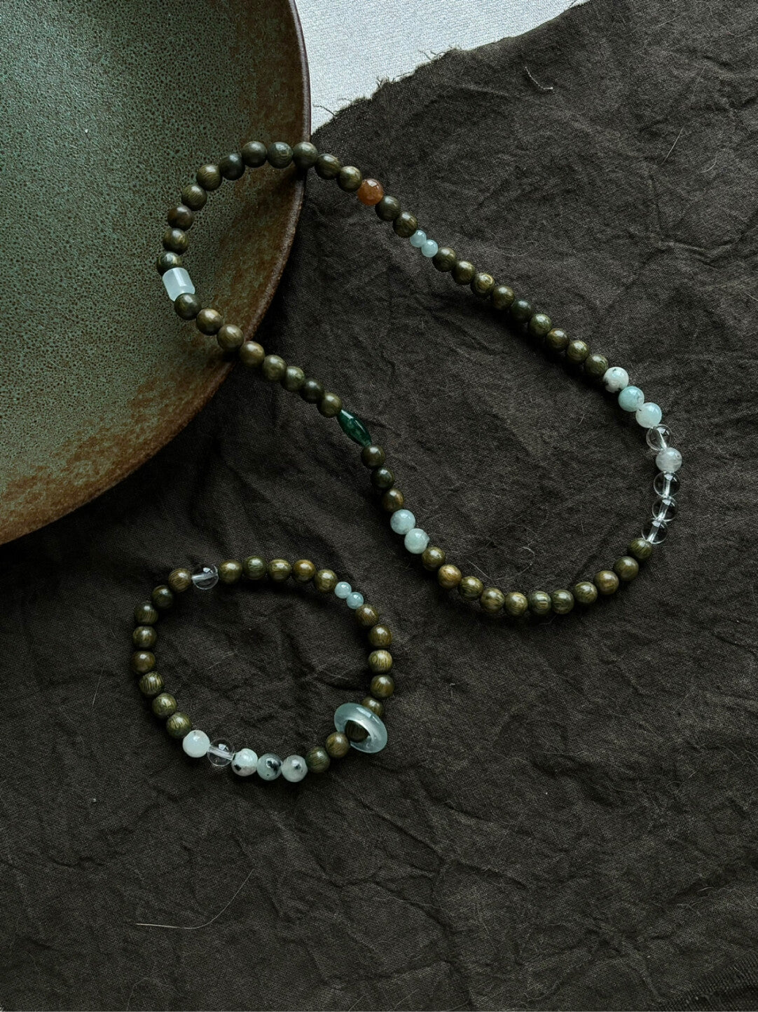 「江南雨」原创新中式绿檀蓝水翡翠天山兰玛瑙串珠手串