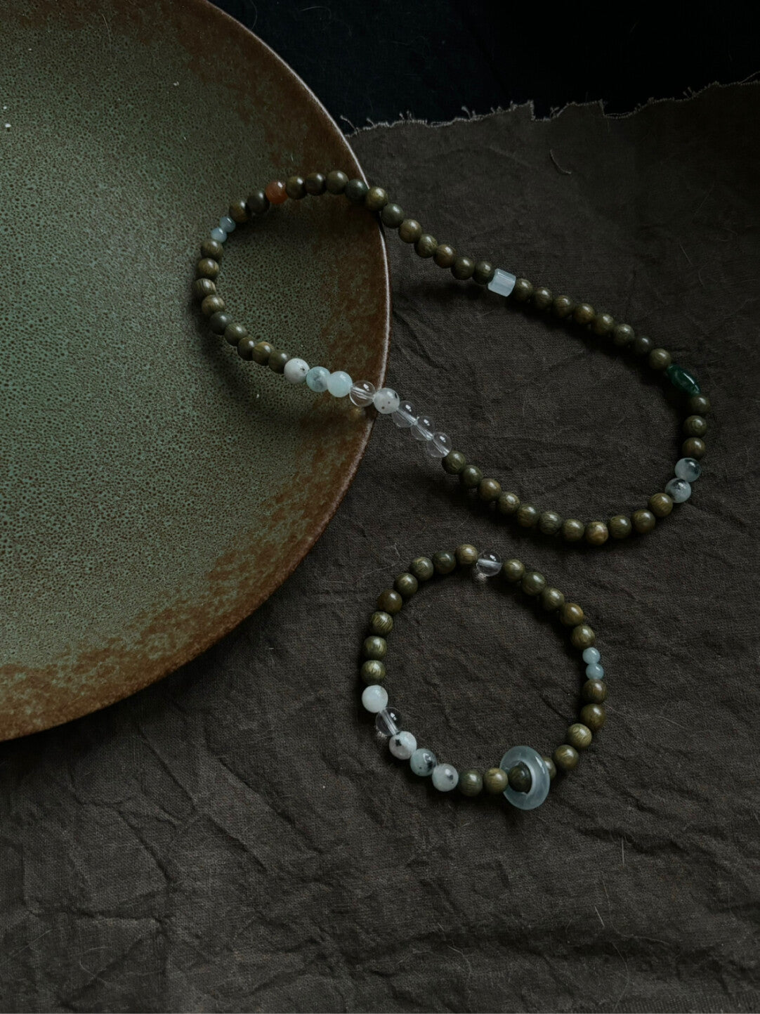 「江南雨」原创新中式绿檀蓝水翡翠天山兰玛瑙串珠手串