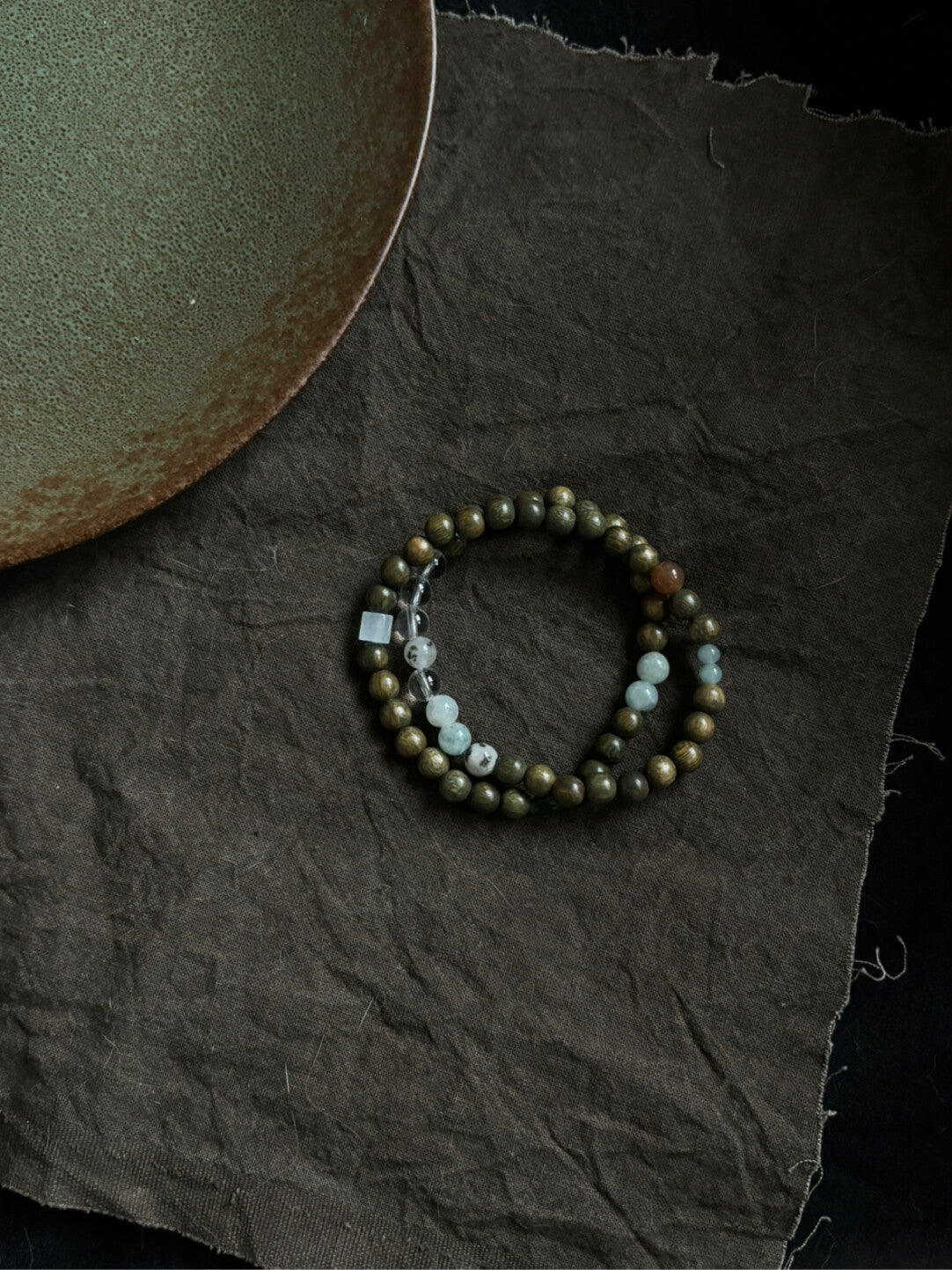 「江南雨」原创新中式绿檀蓝水翡翠天山兰玛瑙串珠手串