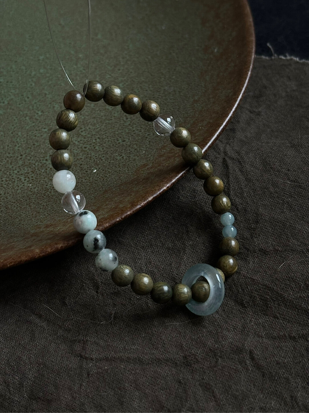 「江南雨」原创新中式绿檀蓝水翡翠天山兰玛瑙串珠手串