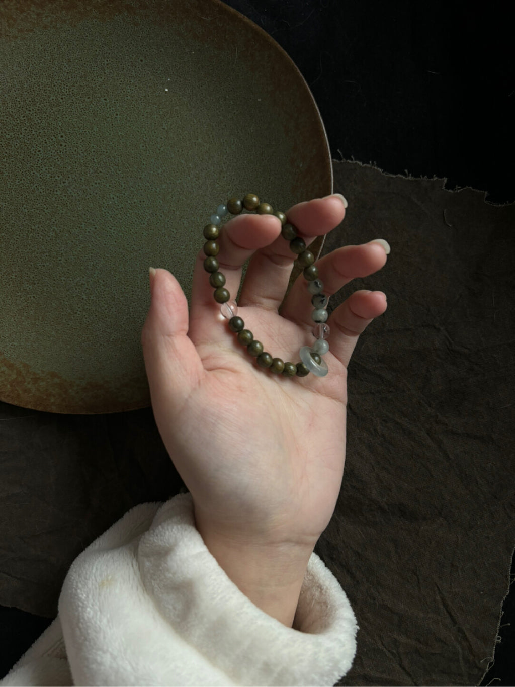 「江南雨」原创新中式绿檀蓝水翡翠天山兰玛瑙串珠手串