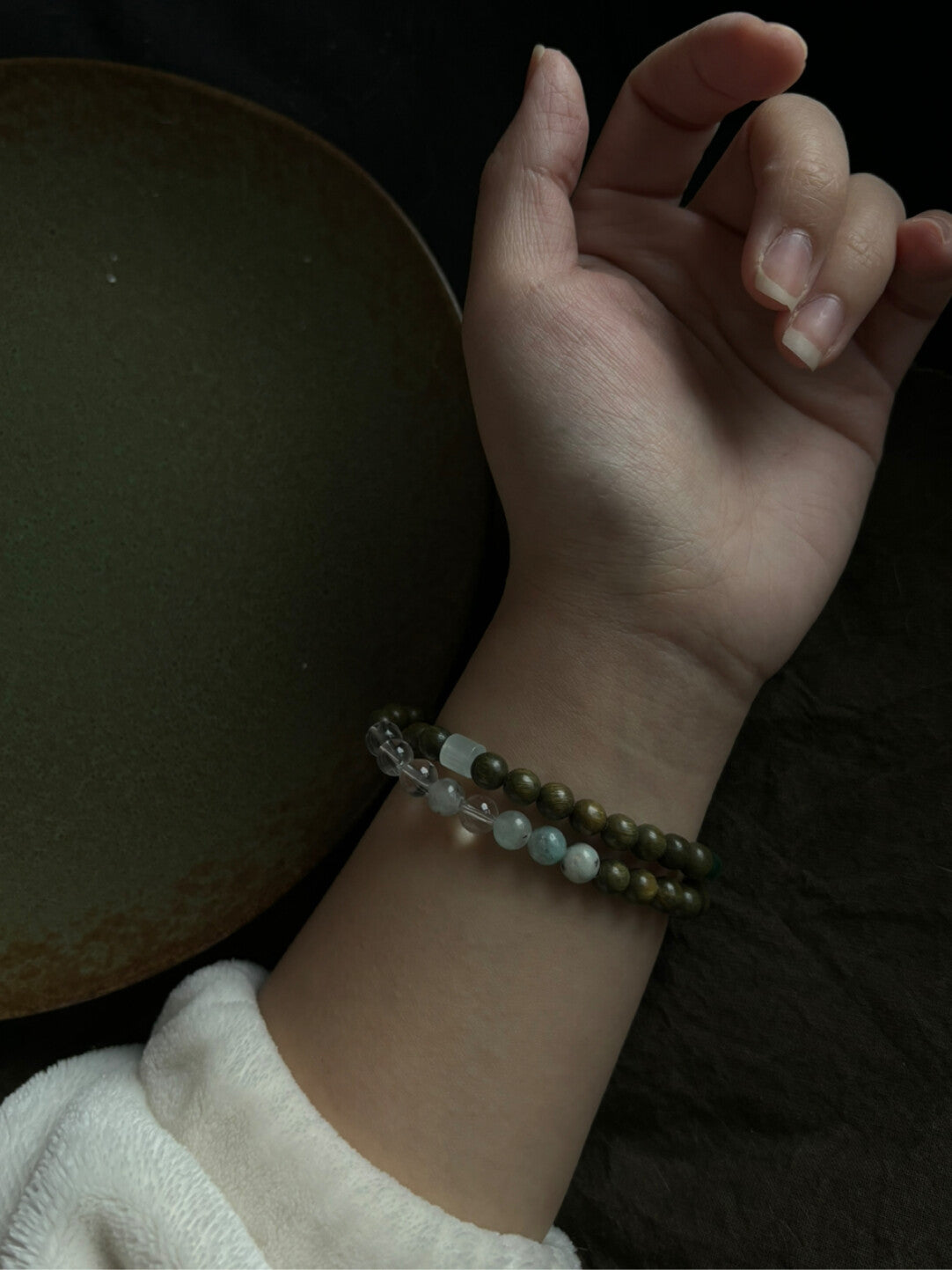 「江南雨」原创新中式绿檀蓝水翡翠天山兰玛瑙串珠手串