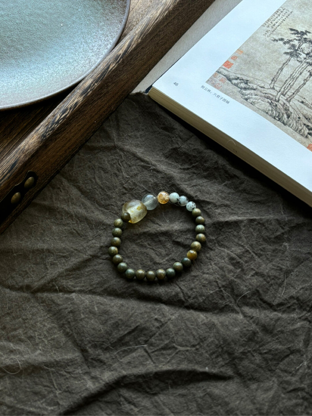 【青瓦桂落】原创新中式绿檀绿兔毛天山兰玛瑙手串