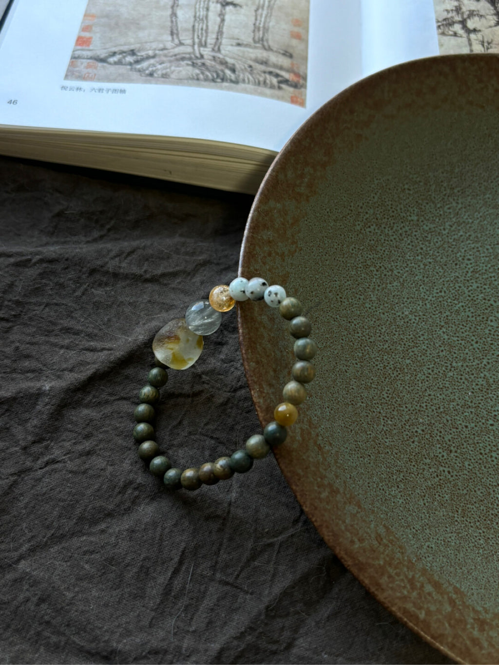 【青瓦桂落】原创新中式绿檀绿兔毛天山兰玛瑙手串