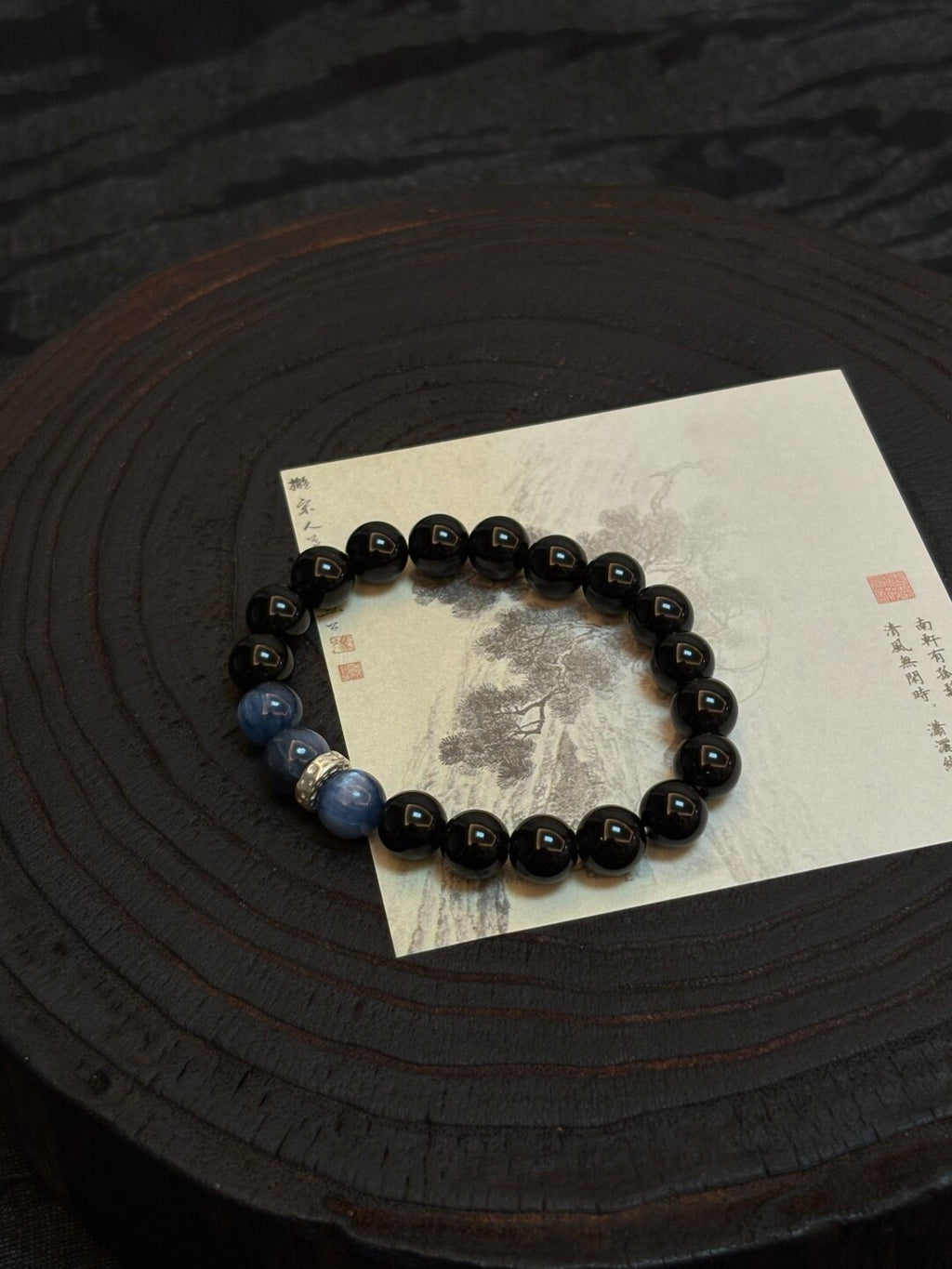 蓝溪｜原创设计新中式蓝晶石黑曜石925银串珠手串