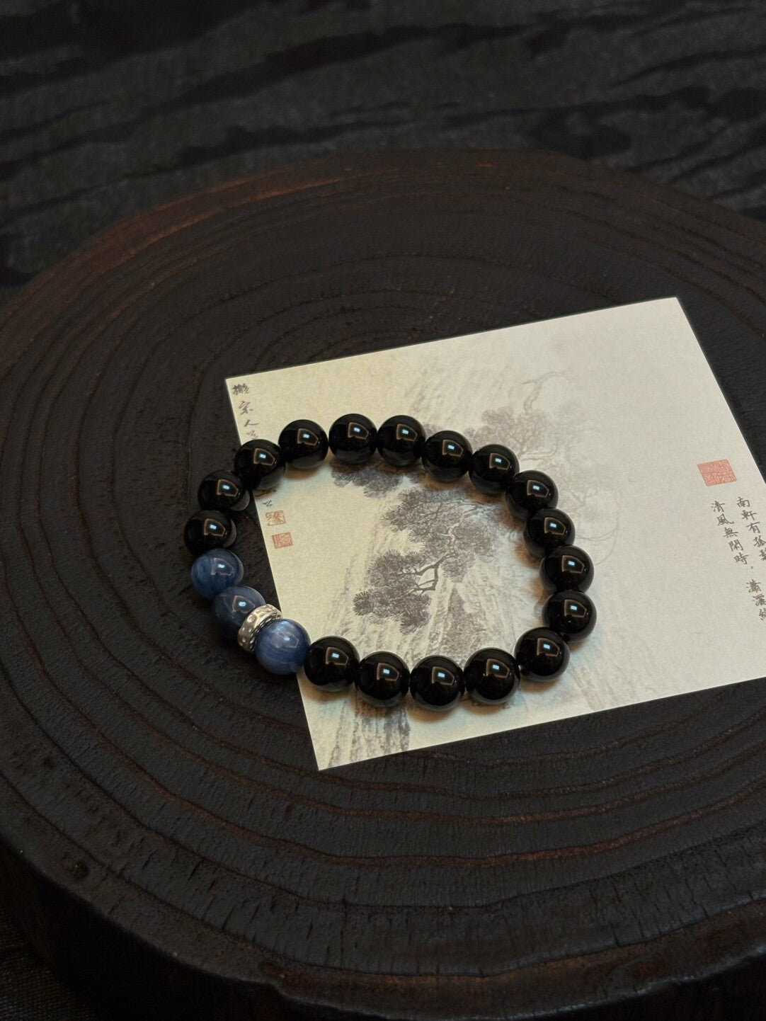 蓝溪｜原创设计新中式蓝晶石黑曜石925银串珠手串