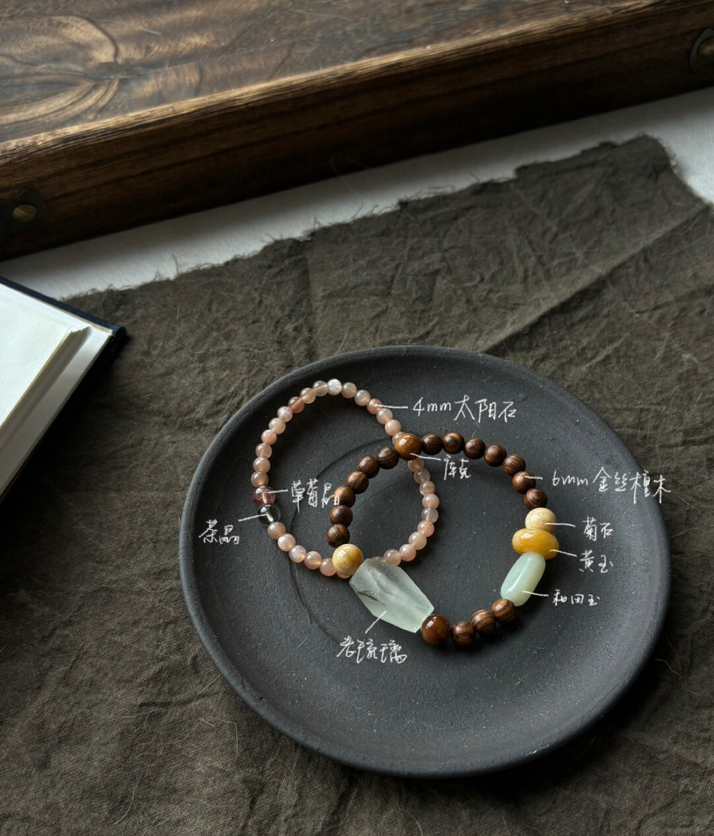 桔青 晚荷｜原创天然石金丝檀木太阳石老琉璃手串