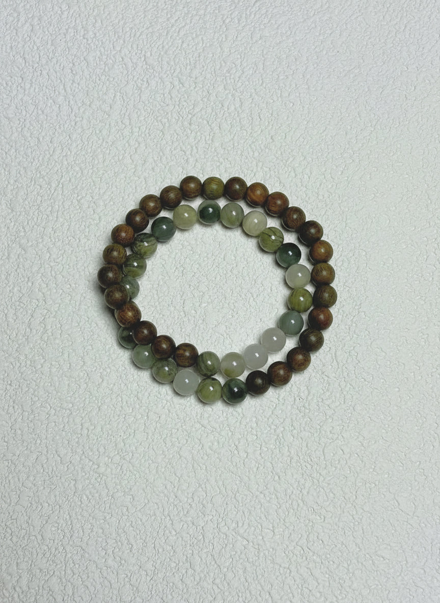 原创新中式双圈绿檀木天然石手串手作