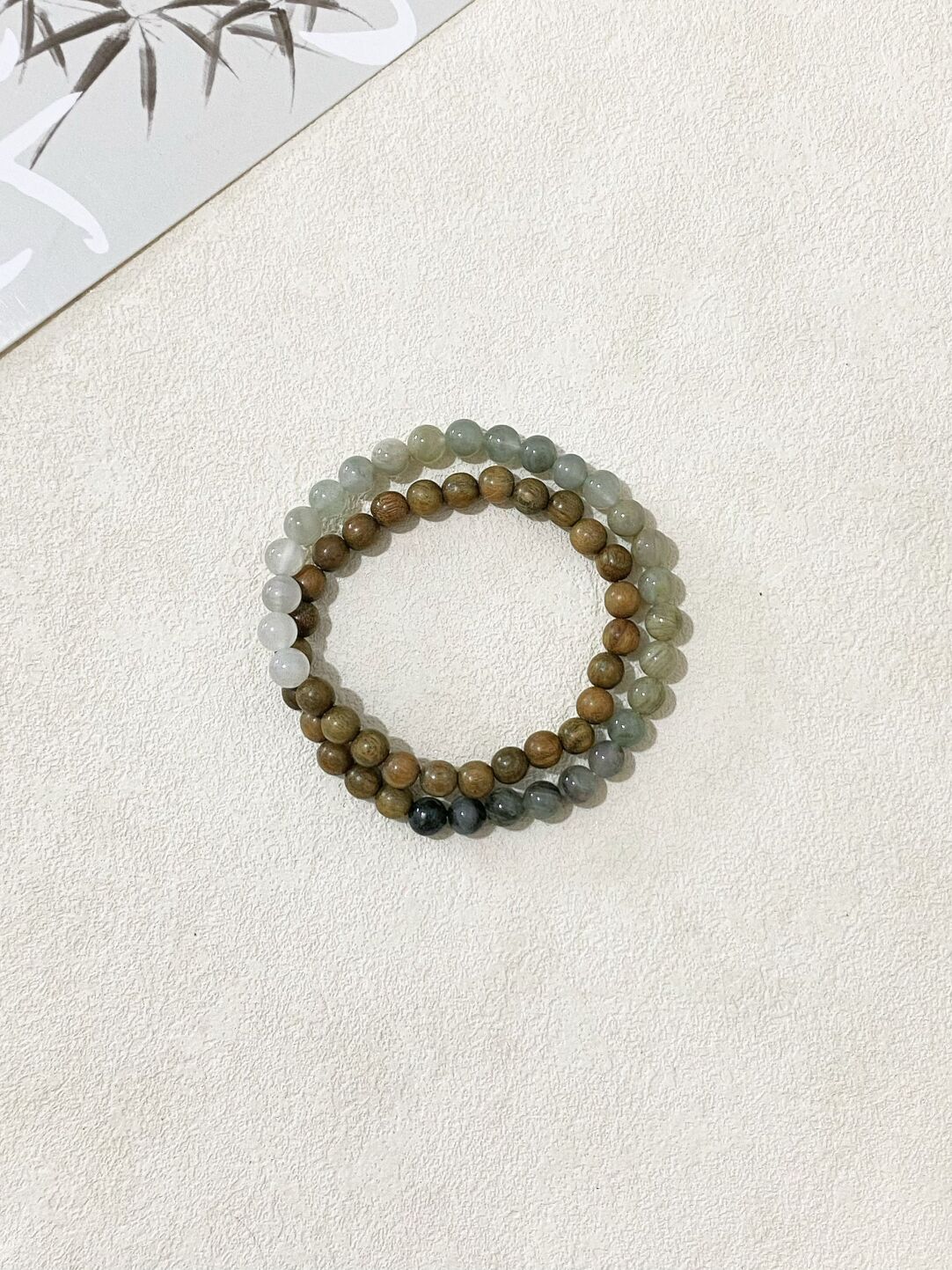 原创新中式双圈绿檀木天然石手串手作