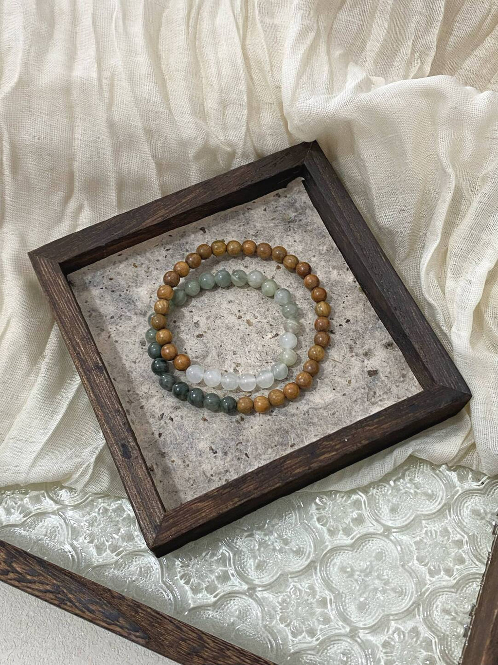 原创新中式双圈绿檀木天然石手串手作