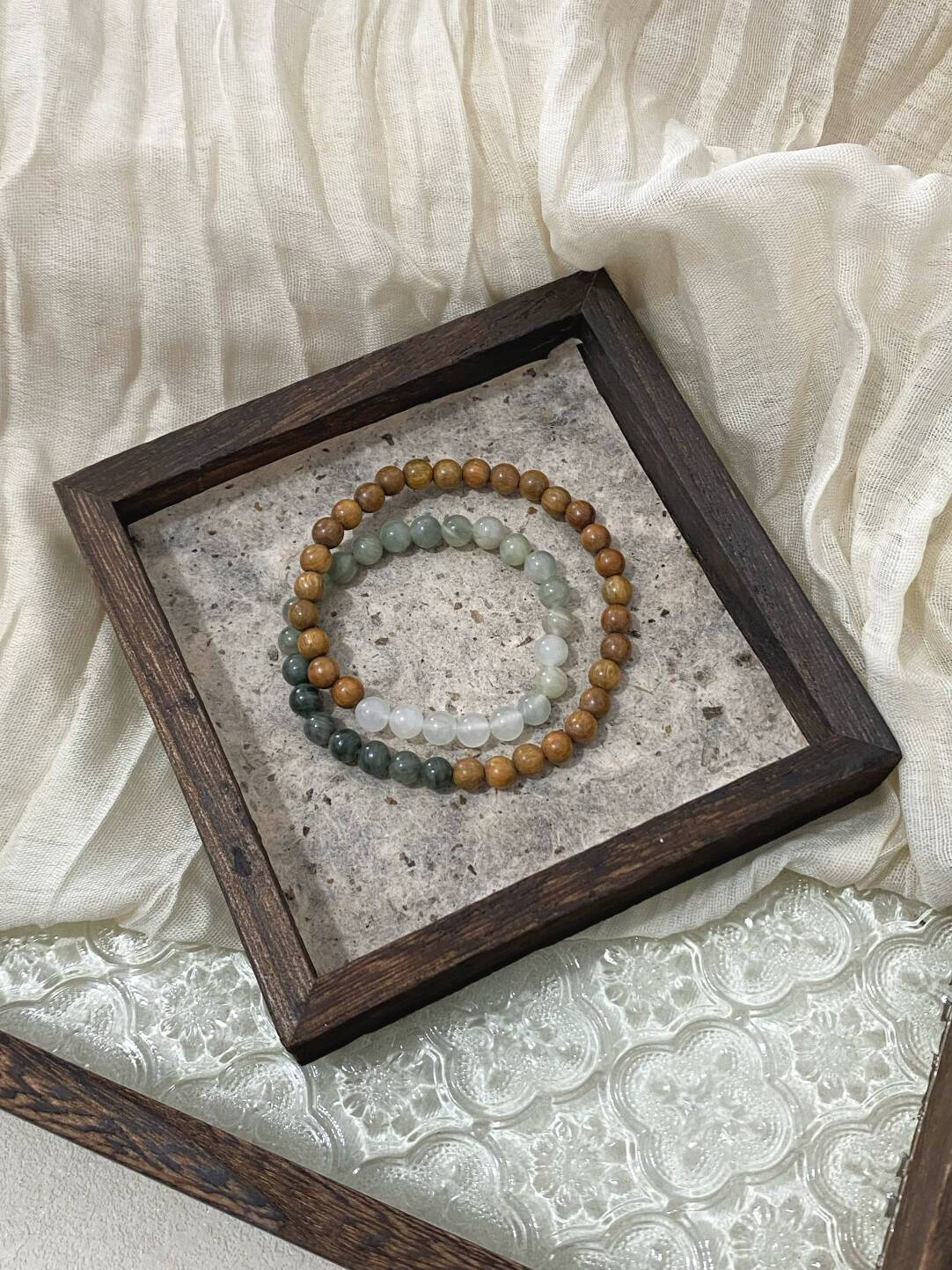 原创新中式双圈绿檀木天然石手串手作