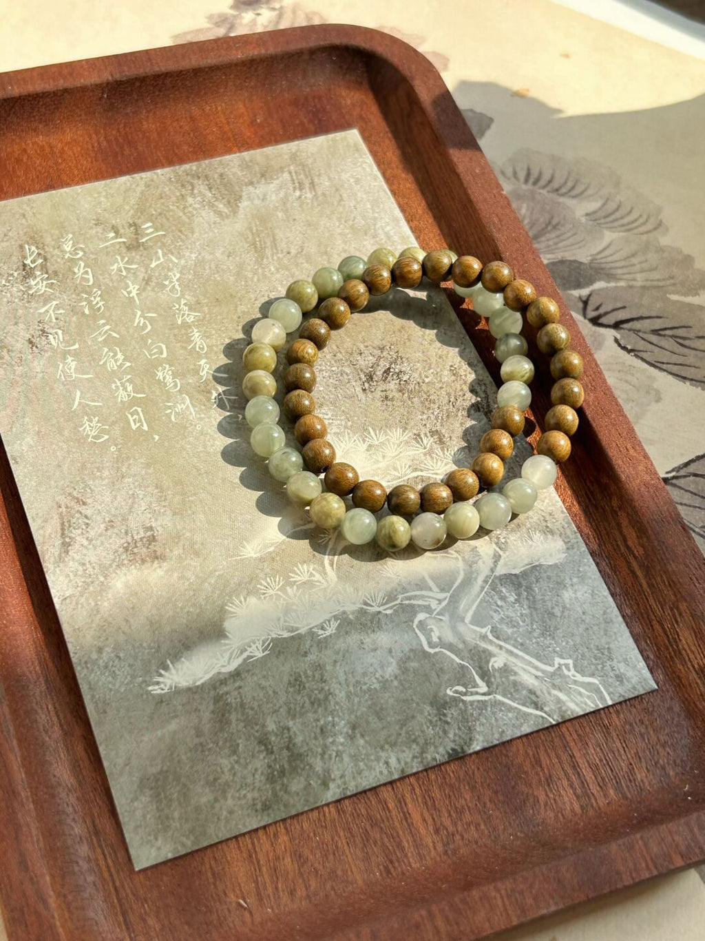 原创新中式双圈绿檀木天然石手串手作