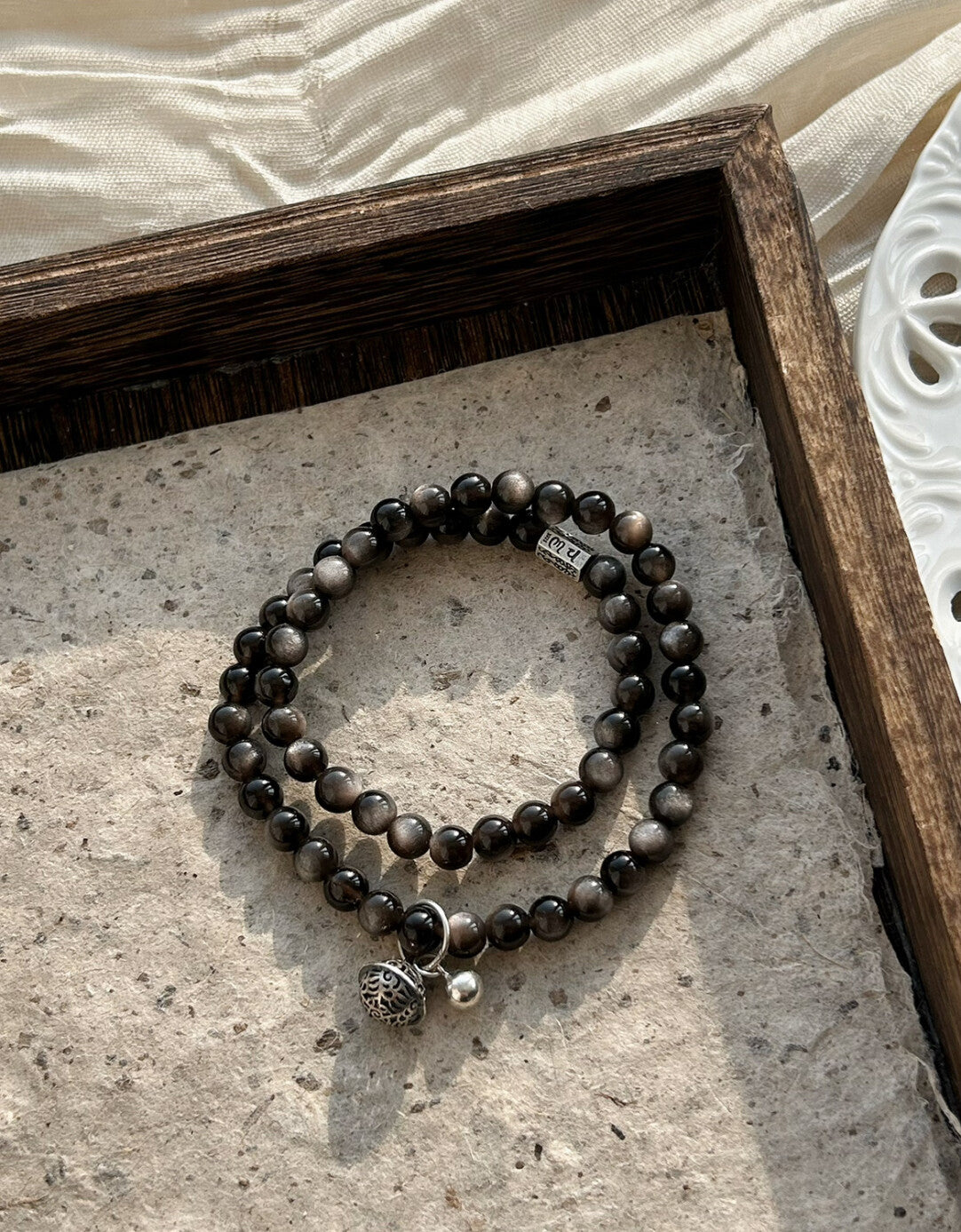 原创设计新中式文玩手串银曜石925银串珠手链